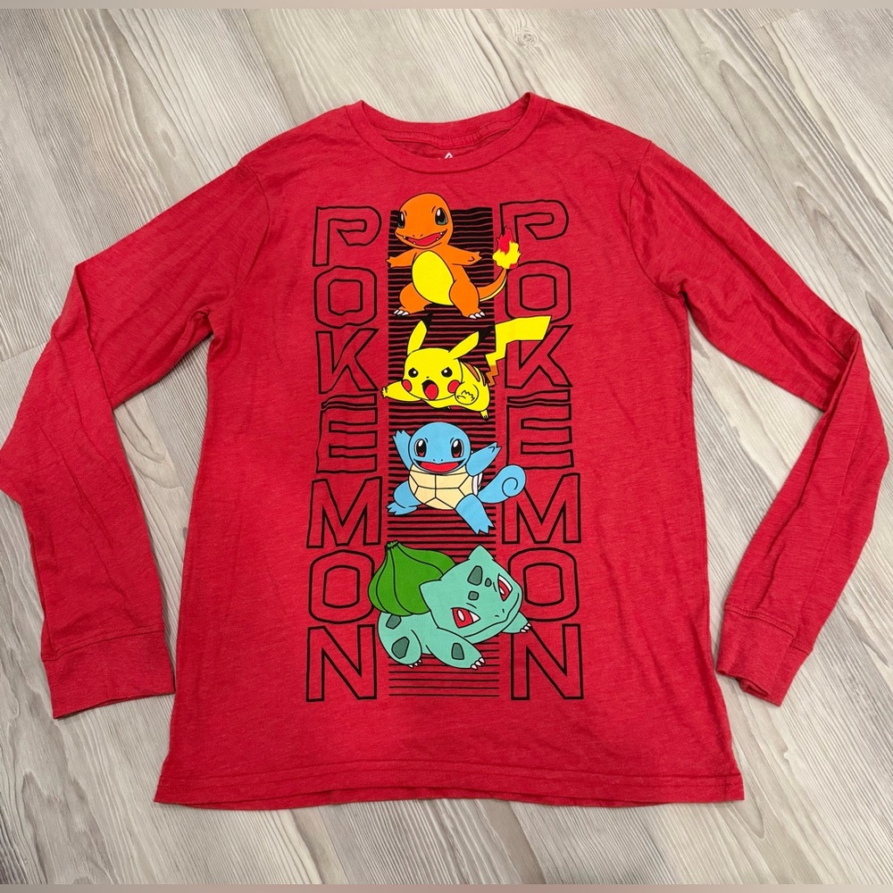 POKEMON Long Sleeve Tee. Red. Youth size XL. Pikachu. Chamander. Squirtle. GUC